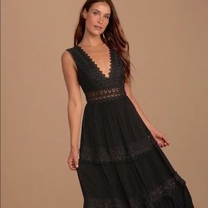 Lulus Black Crochet Lace Tiered Maxi Dress